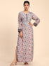Noor Premium Printed PolySilk Chikankari Long gown for Women -Silver Floral Print